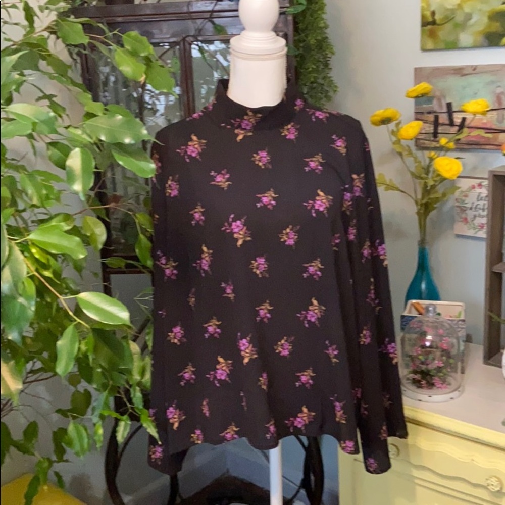 BP. Black Floral Mock Neck Blouse Long Sleeve Flowy Oversized Plus 2X New